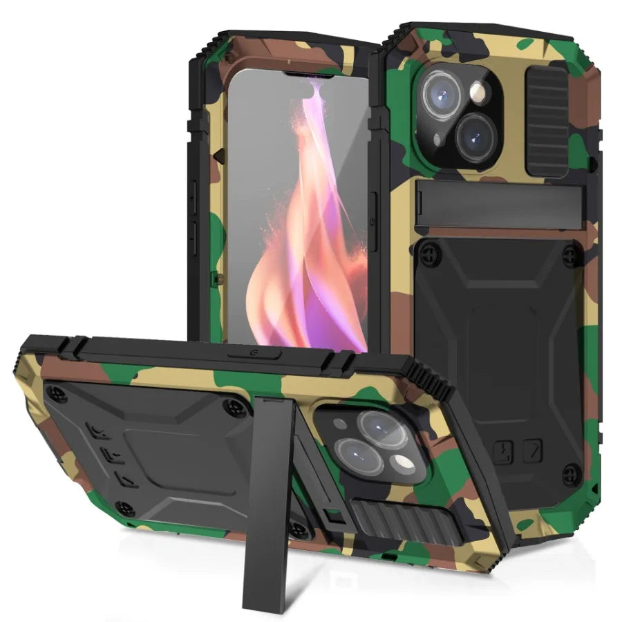 Camouflage Aluminum Metal Armor Phone Case For iPhone 13 Pro Max With Screen Tempered Glass Heavy Duty Outdoor Shockproof Cover