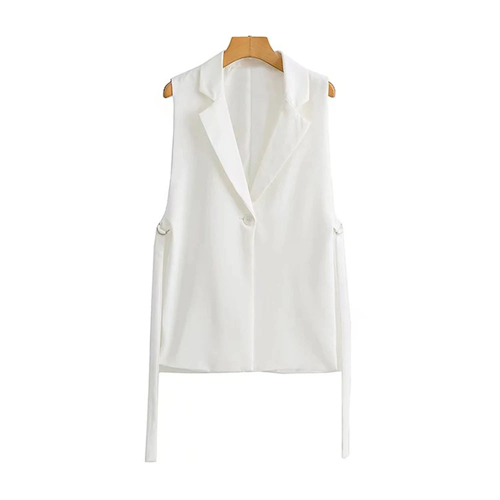 Women Fashion With Taps Side Vents Waistcoat Vintage Sleeveless Front Button Female Outerwear Chic Vest Tops