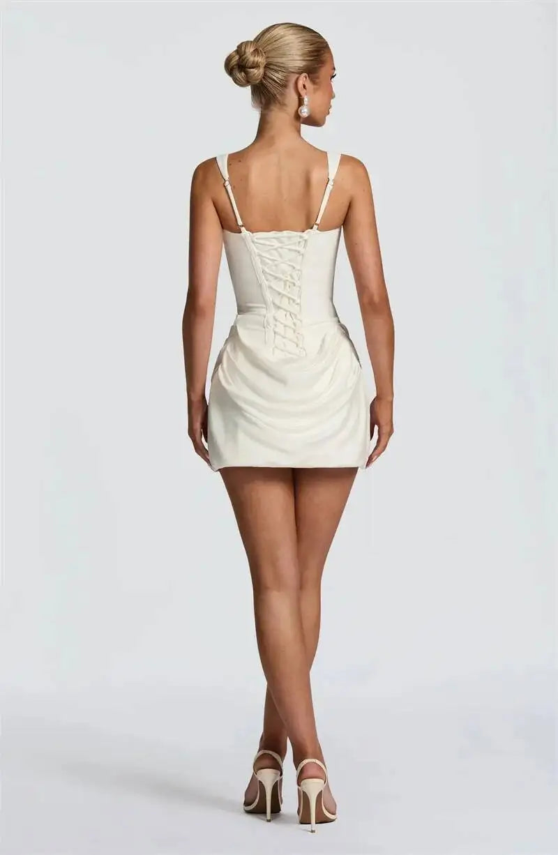 Mozision Backless Ruched Sexy Mini Dress Women Elegant Tapered Straps Square Collar Sleeveless High Waist Club Party Dress