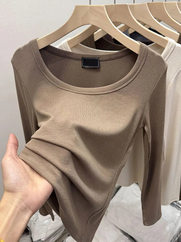 Fashionable U-Neck Long Sleeve Base Shirt Women's Slim Fit Low Collar Top T-Shirt Pure Color Commute Style Spring 2024