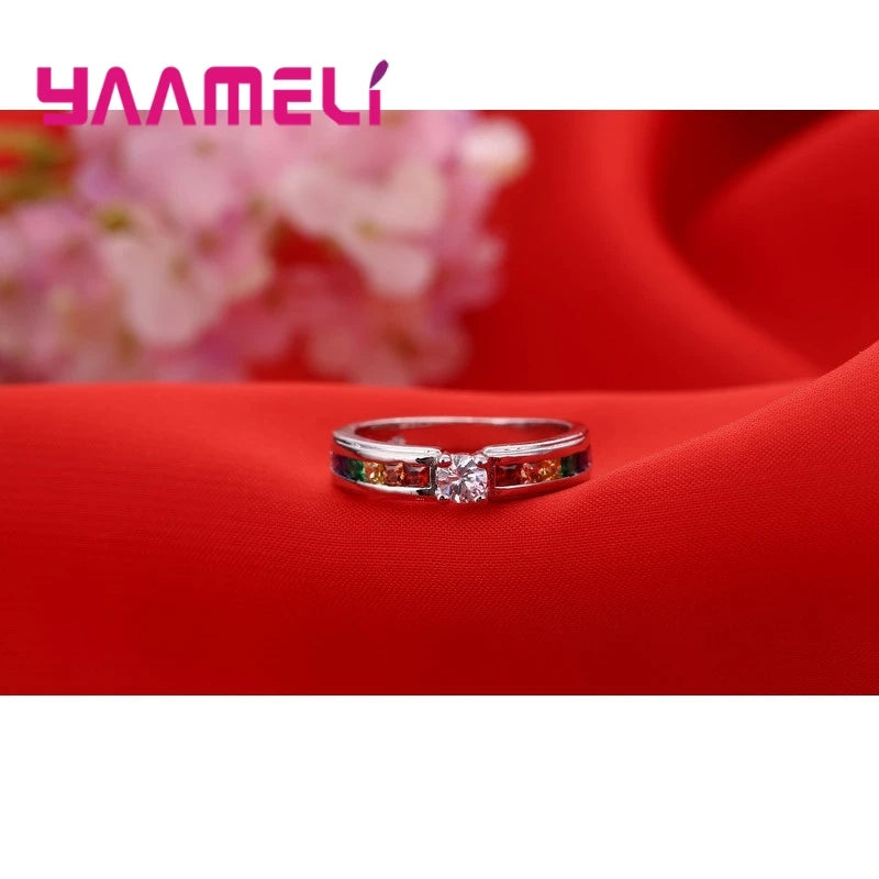 Color Rainbow Cubic Zircon Rings For Women Wedding Lovely Engagement Proposal Ring Accessory