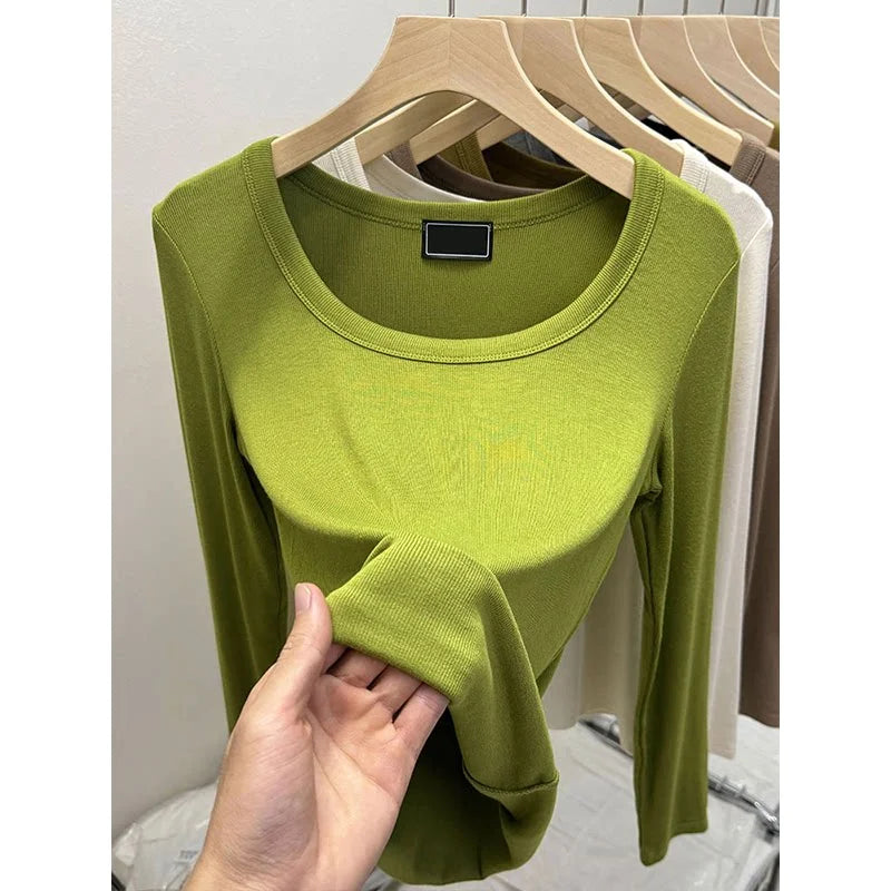 Fashionable U-Neck Long Sleeve Base Shirt Women's Slim Fit Low Collar Top T-Shirt Pure Color Commute Style Spring 2024