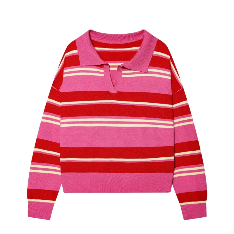 ETJ 2025 Autumn women's new line street style fashion yellow wide stripe polo neck loose version of long-sleeved sweater