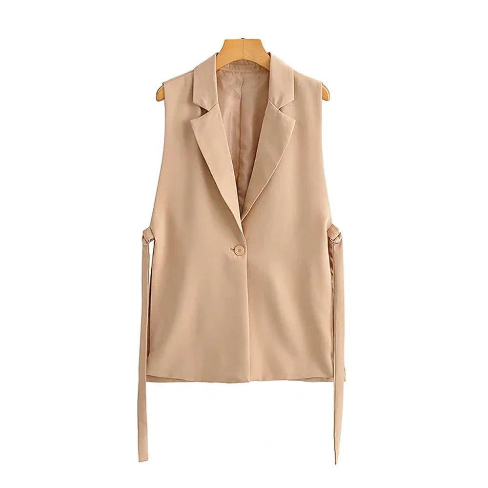 Women Fashion With Taps Side Vents Waistcoat Vintage Sleeveless Front Button Female Outerwear Chic Vest Tops