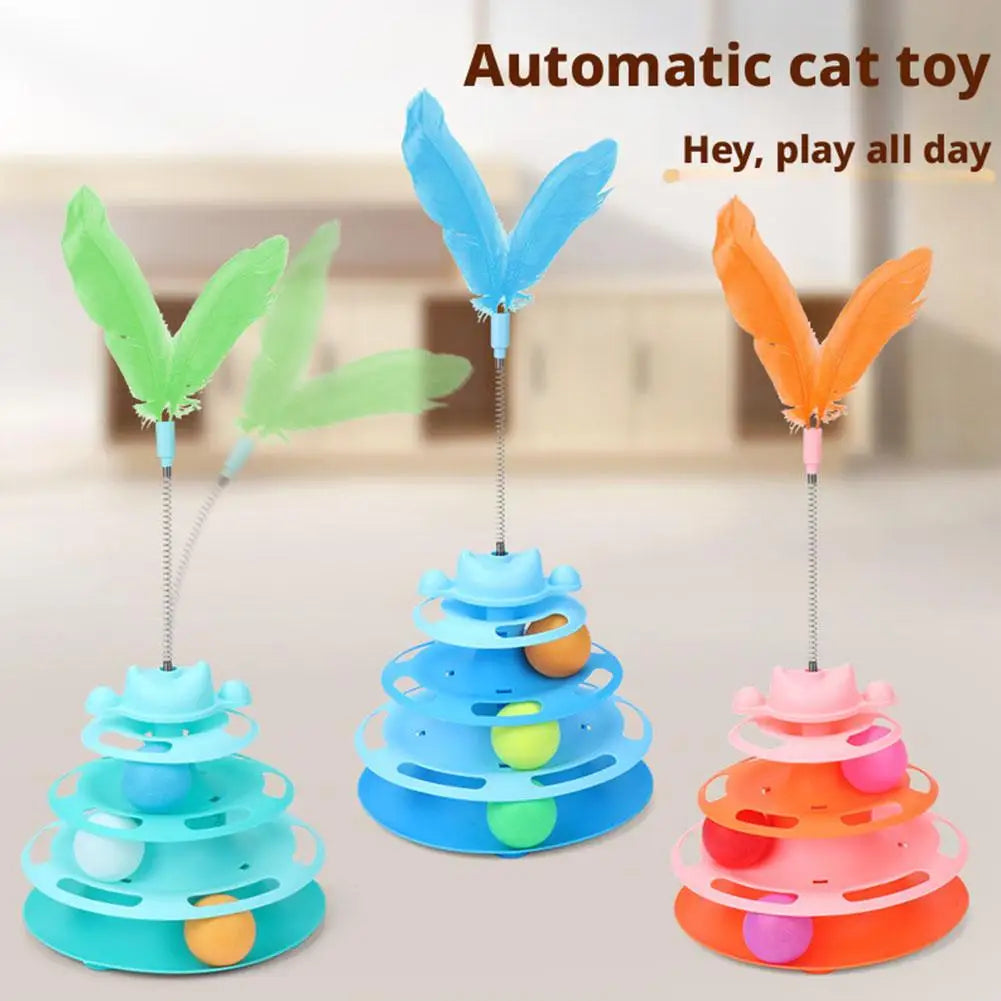 Pattern Feather Cat Toy, Three-layer Rotating Tower with Ball, Indoor Cat Interactive Fun&Christmas, New Year Pet Toys