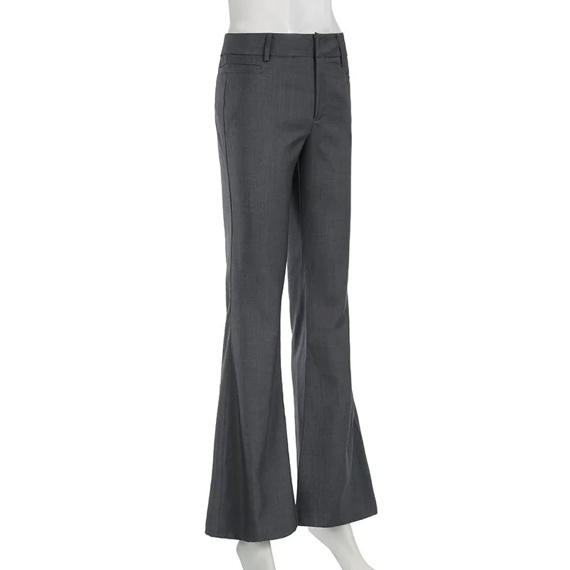 Lucyever Grey Low Waisted Flared Pants Female Y2K High Street Retro Wide Leg Trousers Fashion Slim Pocket Office Lady Suit Pants