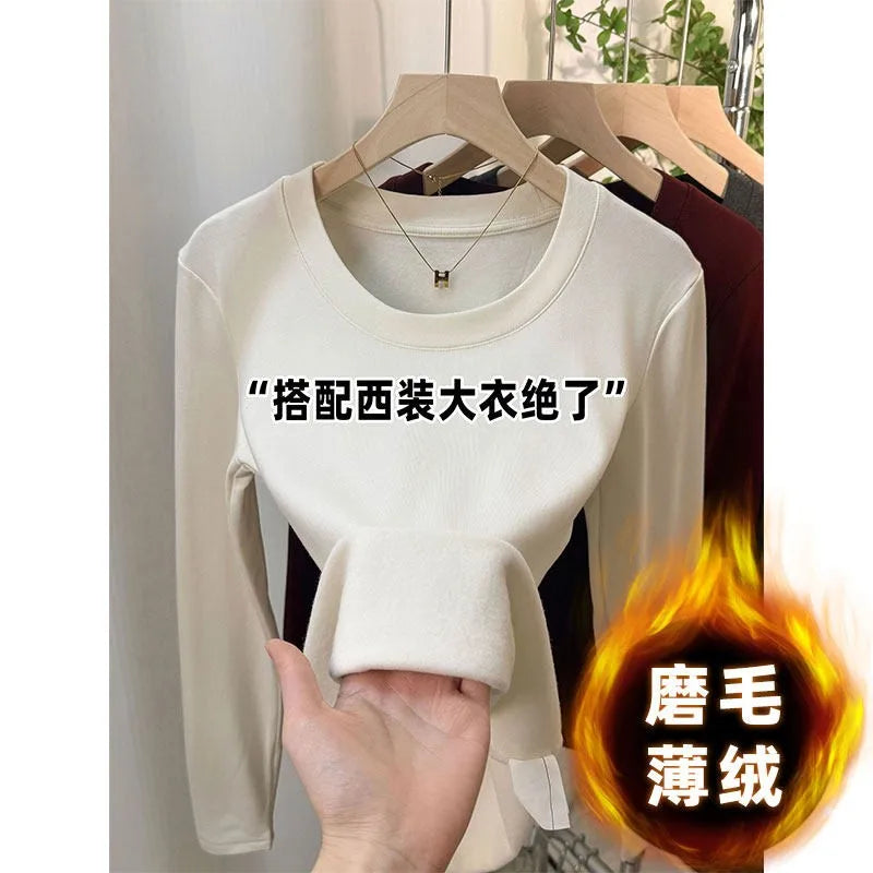 Fashionable U-Neck Long Sleeve Base Shirt Women's Slim Fit Low Collar Top T-Shirt Pure Color Commute Style Spring 2024