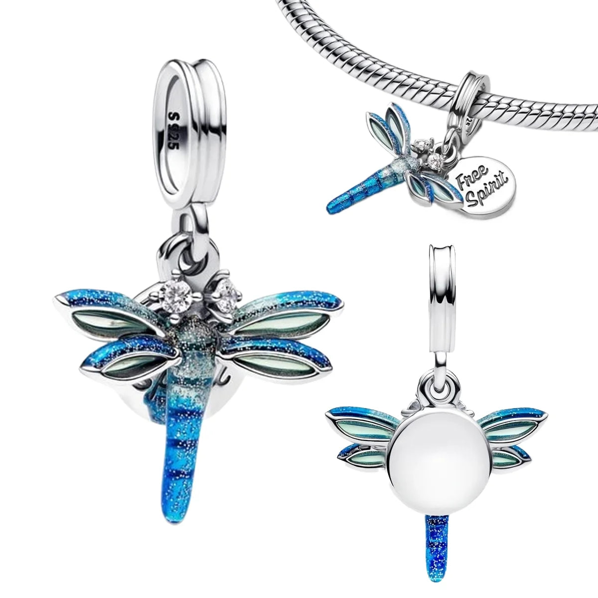 925 Silver Relief Carved Palm Leaf Heart Blue Dragonfly Butterfly Hummingbird Lucky Clover Enamel Dangle Charms Fit Bracelet