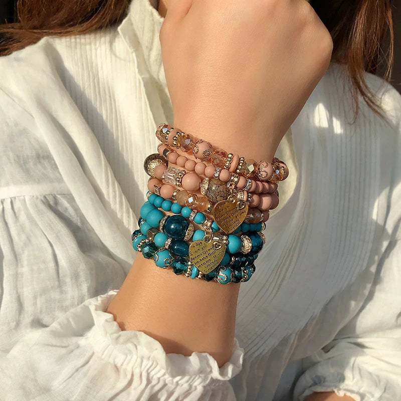 4pcs/set Boho Strand Bracelets For Women Crystal Beads Bracelets Heart Letter Elastic Bangles Wristband Yoga Jewelry Gifts K-