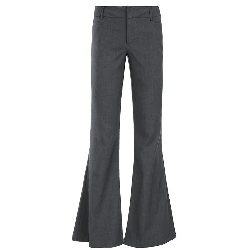 Lucyever Grey Low Waisted Flared Pants Female Y2K High Street Retro Wide Leg Trousers Fashion Slim Pocket Office Lady Suit Pants