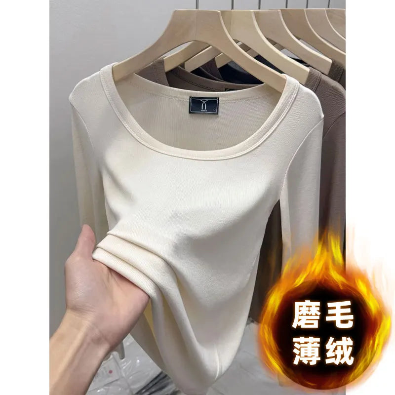 Fashionable U-Neck Long Sleeve Base Shirt Women's Slim Fit Low Collar Top T-Shirt Pure Color Commute Style Spring 2024