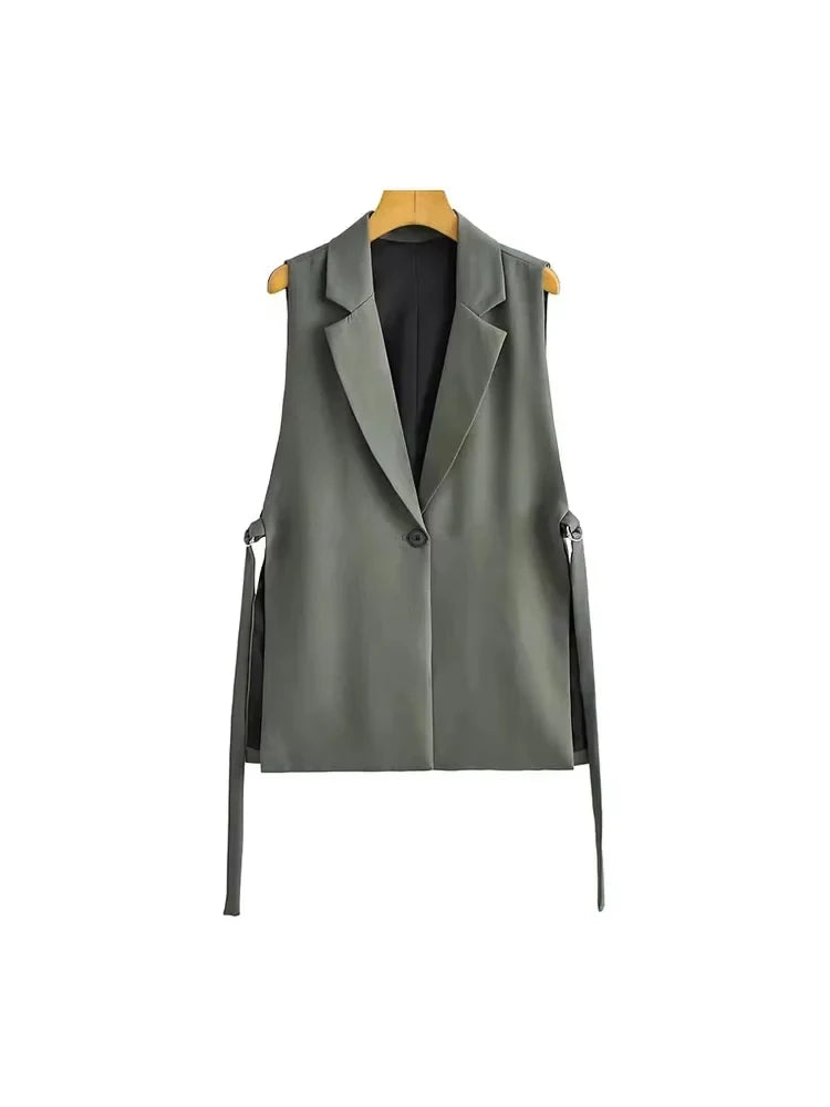 Women Fashion With Taps Side Vents Waistcoat Vintage Sleeveless Front Button Female Outerwear Chic Vest Tops