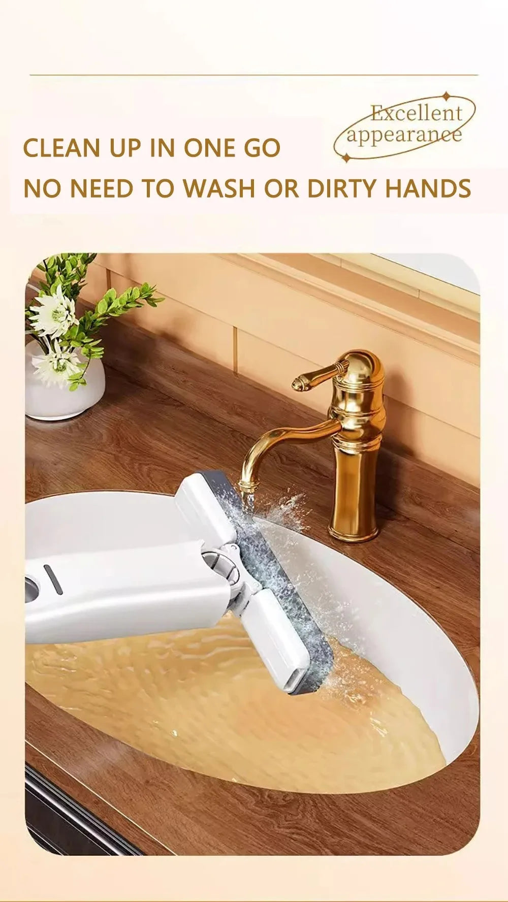 Mini squeezable mop with powerful folding design. Household cleaning tool. No hand washing required. Strong water absorption.