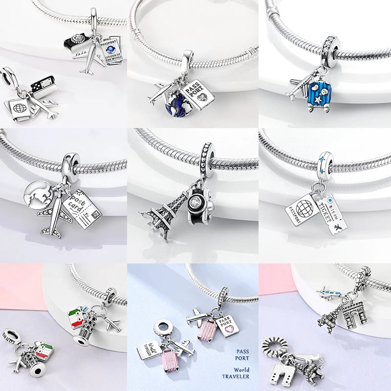 Travel Charm 925 Silver Plane Paris Tower Pendant Fit Bracelet Beads Making Woman Fashion Jewelry