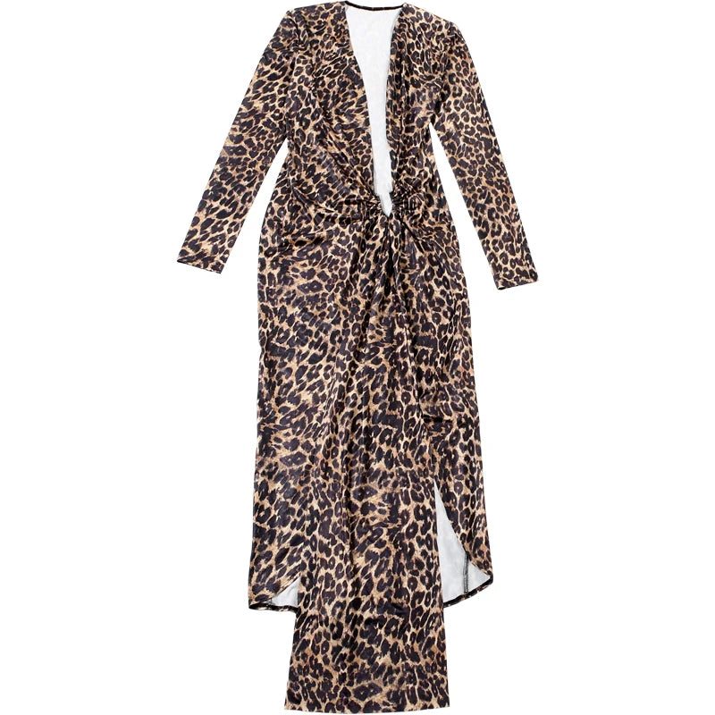 Weird Puss Leopard Print Women Dress Y2K Sexy Deep V-Neck Ruched Ribbon Skinny High Split Nightclub Party Fall Hipster Vestidos