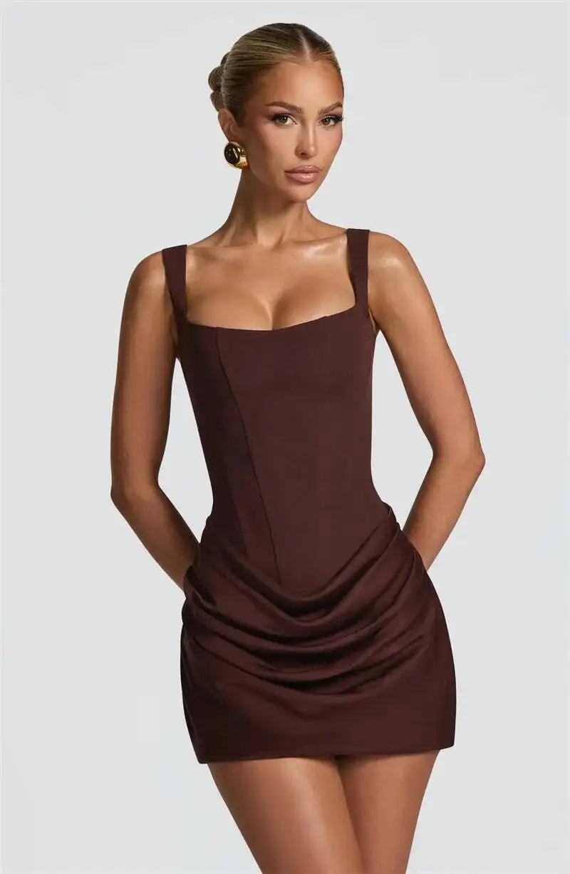 Mozision Backless Ruched Sexy Mini Dress Women Elegant Tapered Straps Square Collar Sleeveless High Waist Club Party Dress