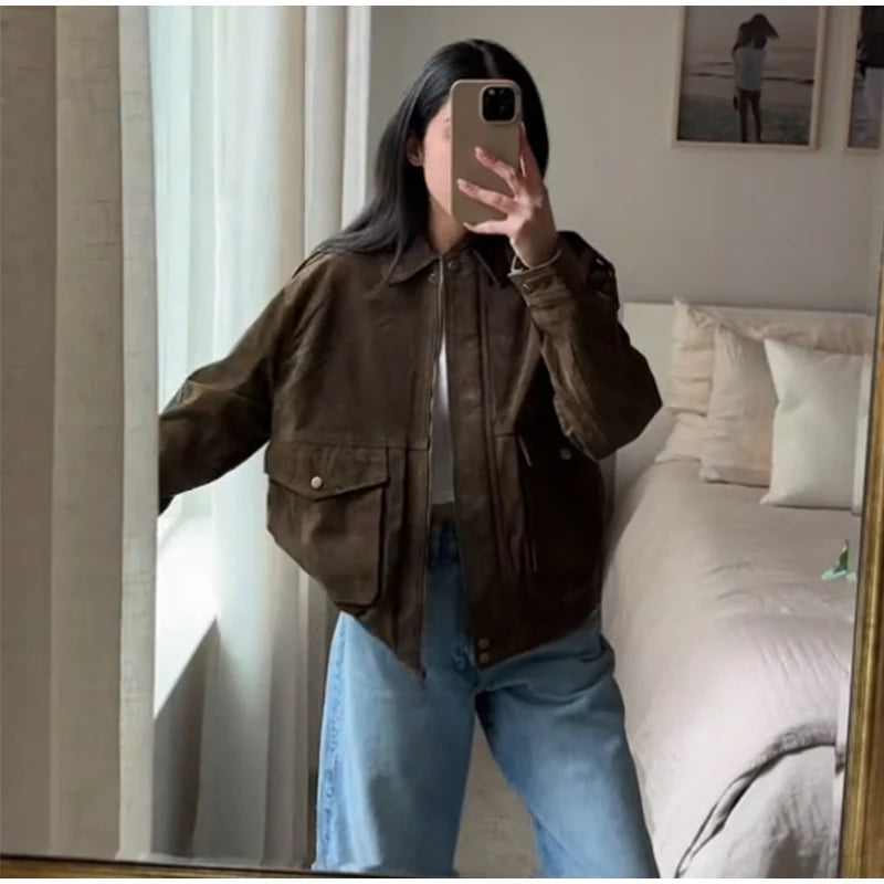 Brown Suede Jacket For Women Fashion Lapel Zipper Long Sleeve Pockets Motorcycle Bomber Coat 2025 New Spring Lady Loose Outwears