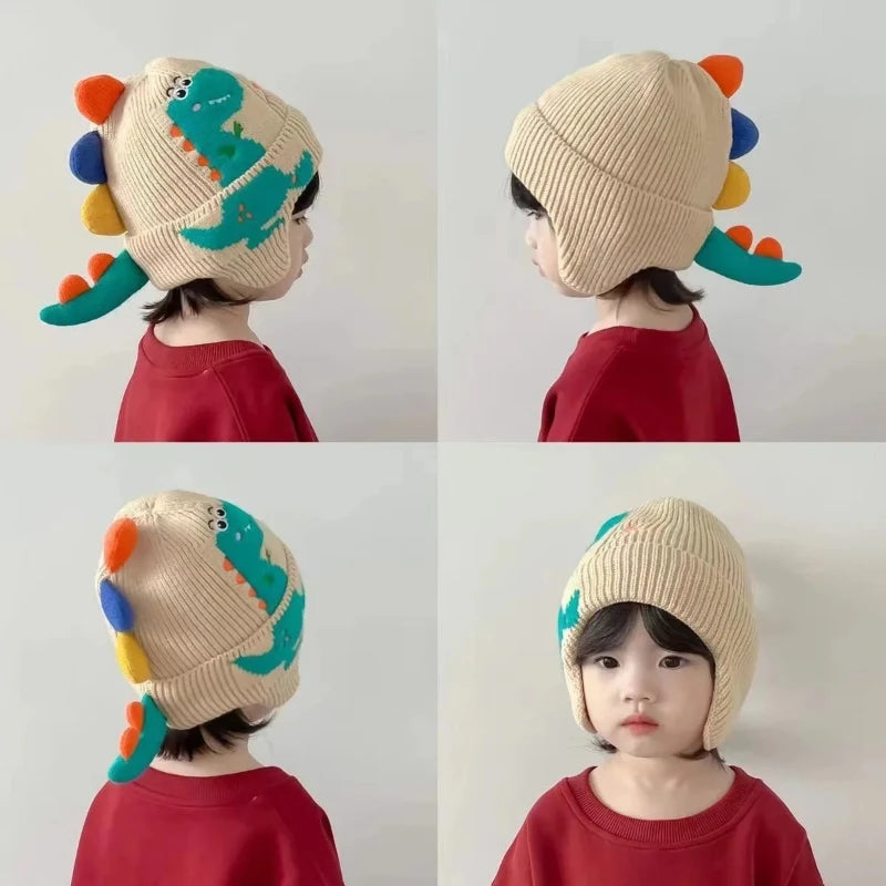 Winter Warm Baby Ear Protection Hat 3D Dinosaur Kids Earmuffs Cap Cartoon Toddler Woolen Knitted Hats 2-6 Years Children Beanies