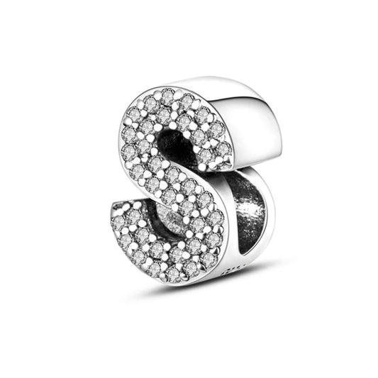 925 Sterling Silver Letter Series - S Charms Beads Sparkling CZ Zircon Dangle Fit Original Bracelet DIY Women Birthday Jewelry