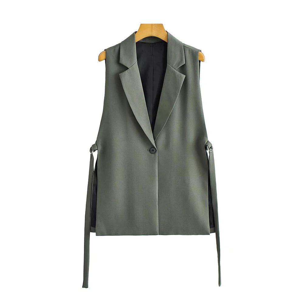 Women Fashion With Taps Side Vents Waistcoat Vintage Sleeveless Front Button Female Outerwear Chic Vest Tops