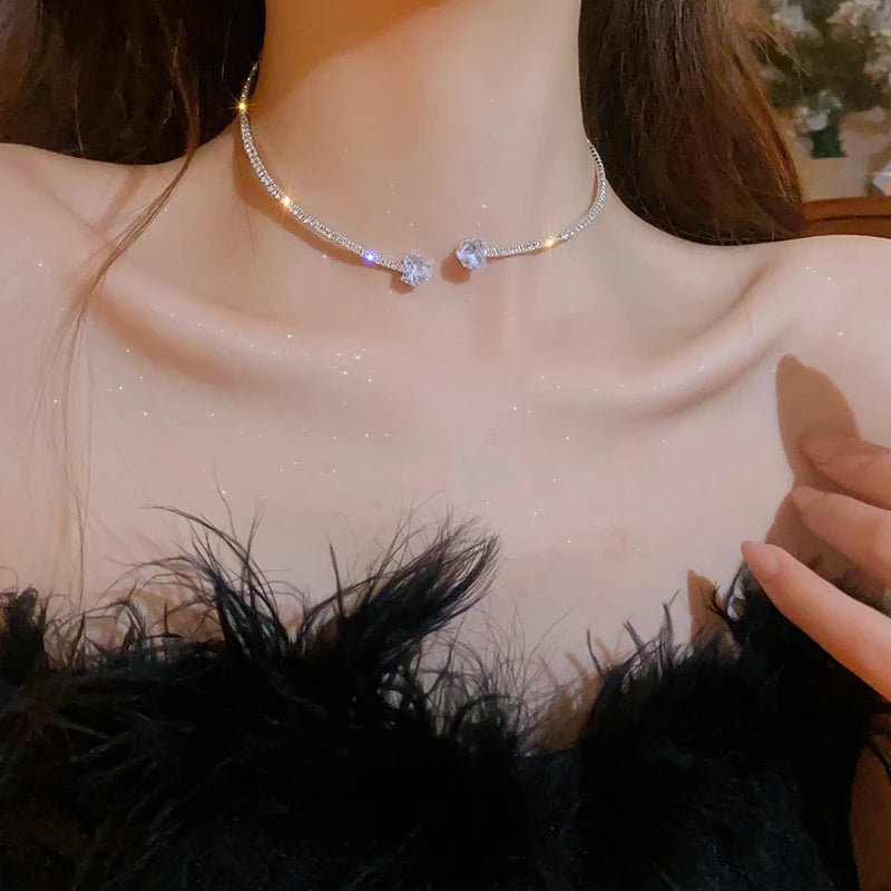 Zircon Double Layered Water Drop Heart Silver Scrap Imitation Pearl Cross Wave Open Collarbone Fine Pendant Necklaces Women K-