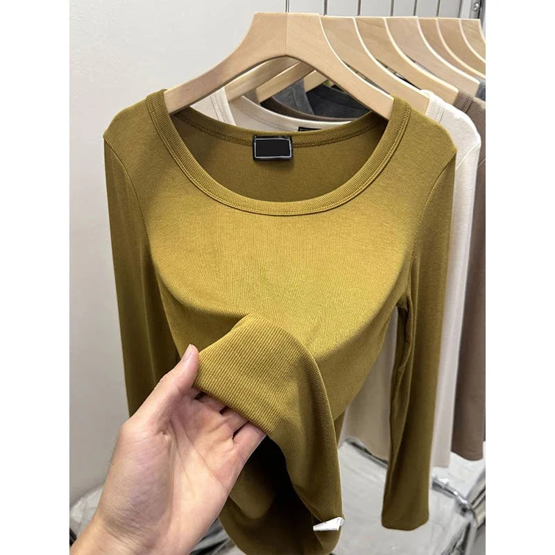 Fashionable U-Neck Long Sleeve Base Shirt Women's Slim Fit Low Collar Top T-Shirt Pure Color Commute Style Spring 2024