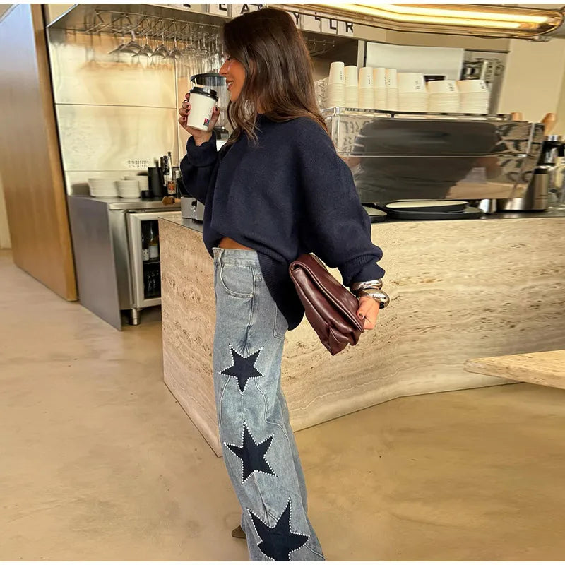 Classic Studded Denim Jeans Pant Women's Star Patchwork Baggy Pants Wide Leg  Trendy Streetwear Casual Daily Female Trousers