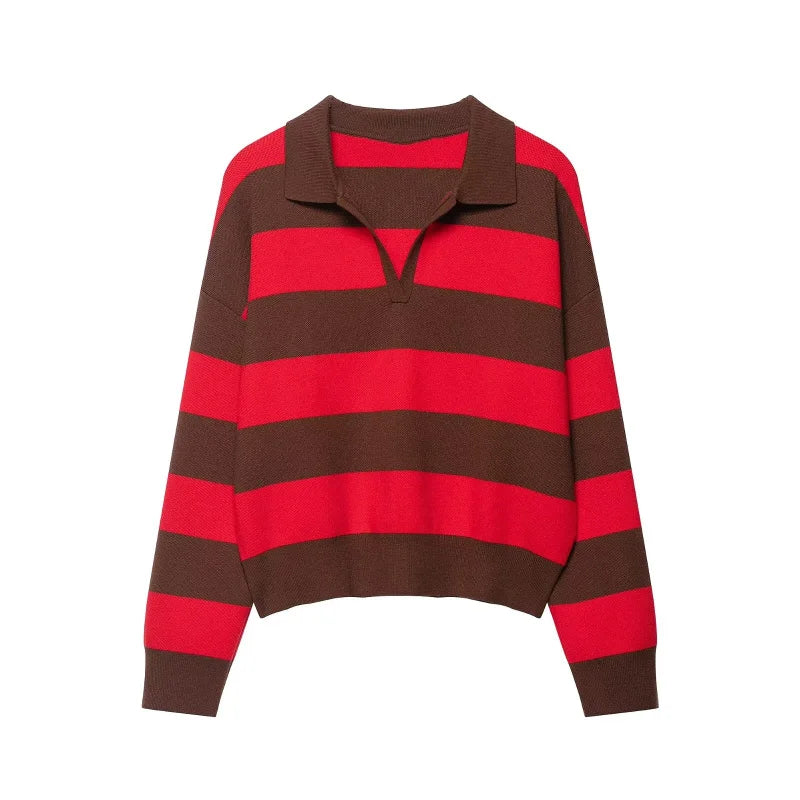 ETJ 2025 Autumn women's new line street style fashion yellow wide stripe polo neck loose version of long-sleeved sweater