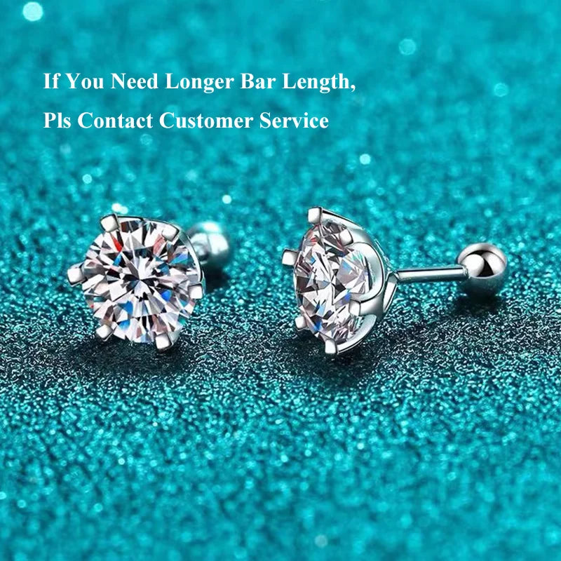 BIJOX STORY Women's Moissanite Screw Stud Earrings D Color 925 Sterling Silver 6 Prong Diamond Wedding Fine Jewelry