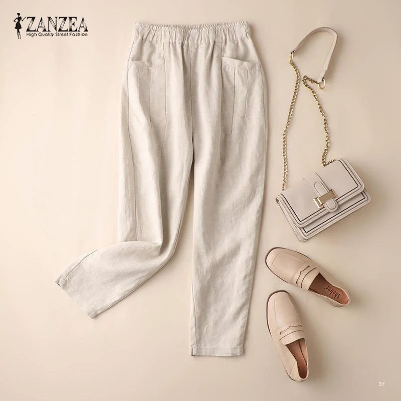 ZANZEA Summer Trousers Women Vintage Cotton Pants Elastic Waist Solid Harem Pant Casual Loose Pantalon Oversize Turnip Palazzo