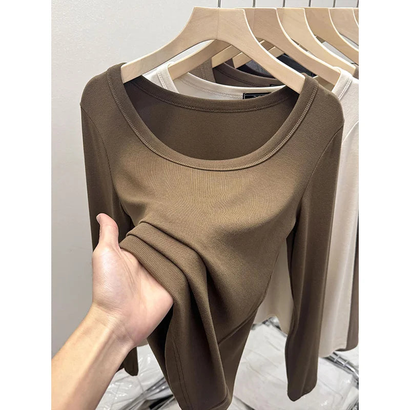 Fashionable U-Neck Long Sleeve Base Shirt Women's Slim Fit Low Collar Top T-Shirt Pure Color Commute Style Spring 2024