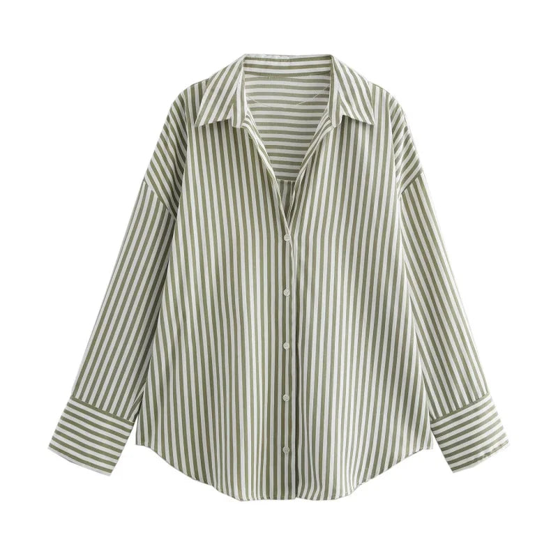 ETJ 2025 women's spring new Europe-American fashion striped long sleeve lapel loose version poplin shirt multi-color selection