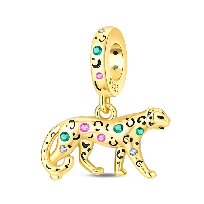Original 925 Sterling Silver Gold Series DIY Charms Beads Inlaid Zirconium Sun Leopard Pendants Fit Bracelet DIY Jewelry Making