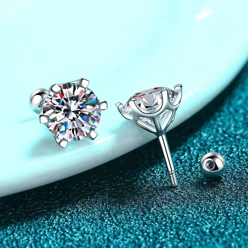 BIJOX STORY Women's Moissanite Screw Stud Earrings D Color 925 Sterling Silver 6 Prong Diamond Wedding Fine Jewelry