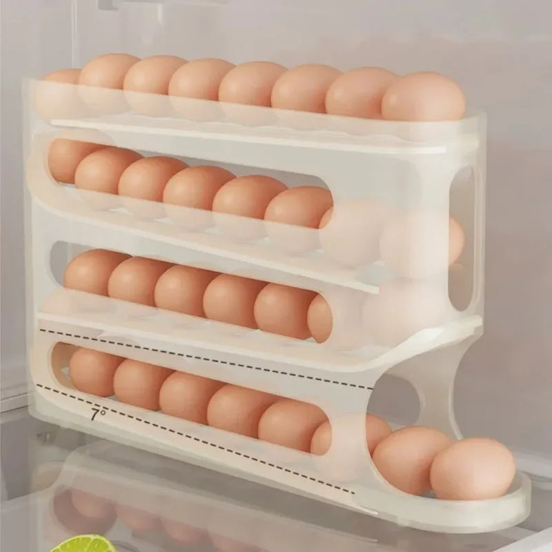 4 Layers Automatic Rolling Egg Holder Rack - Kitchen Fridge Egg Storage Box Organizer Dispenser - Plastic Refrigerator Container