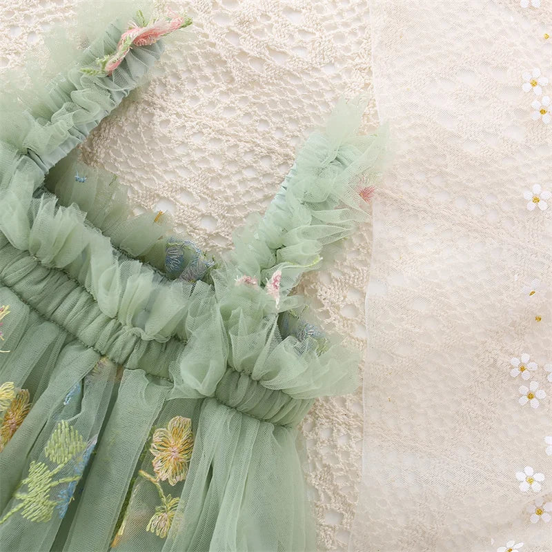 Summer New Princess Style Baby Girl Dress, Sweet Green Floral Chiffon Children'S Clothing (6 Months -5 Years Old)