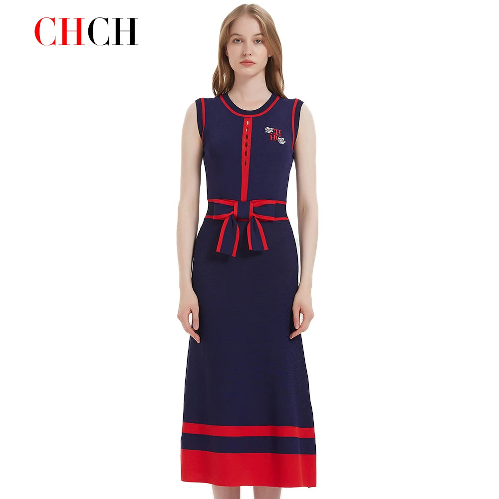 CHCH Women's Dress 2024 New Sleeveless Knitted Long Dress Simple navy blue Business Women's Wear