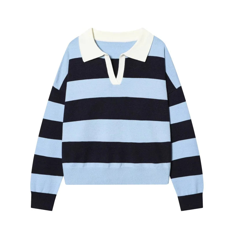 ETJ 2025 Autumn women's new line street style fashion yellow wide stripe polo neck loose version of long-sleeved sweater
