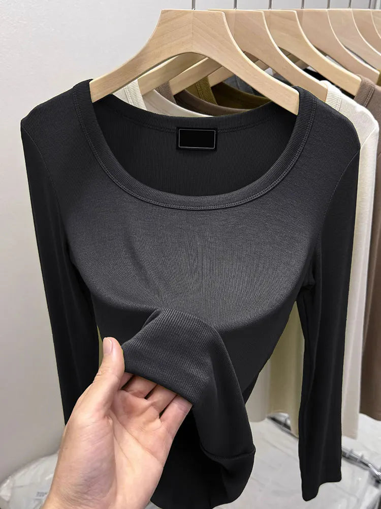 Fashionable U-Neck Long Sleeve Base Shirt Women's Slim Fit Low Collar Top T-Shirt Pure Color Commute Style Spring 2024