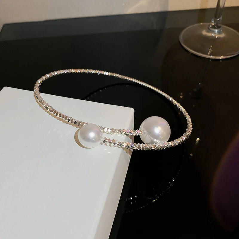 Zircon Double Layered Water Drop Heart Silver Scrap Imitation Pearl Cross Wave Open Collarbone Fine Pendant Necklaces Women K-