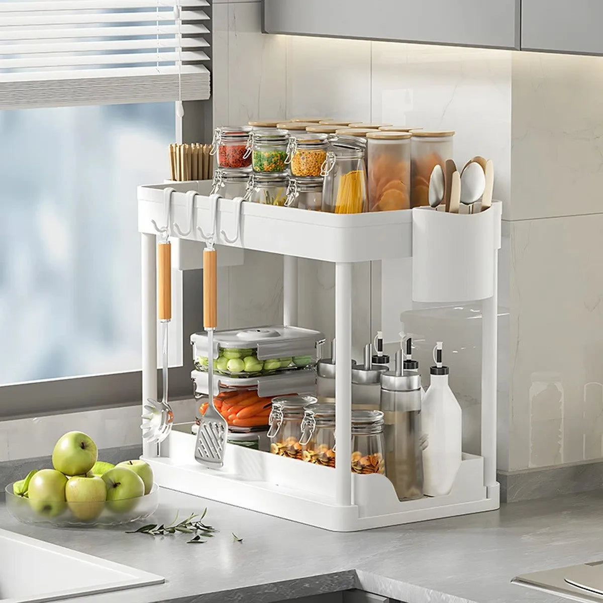 2-Tier Sliding Under Sink Organizer - Cabinet Basket Storage Rack with Hooks and Hanging Cup for Kitchen and Bathroom Use