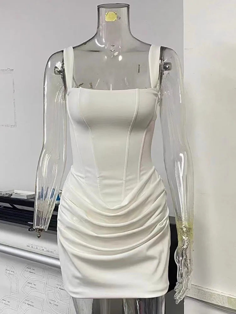 Mozision Backless Ruched Sexy Mini Dress Women Elegant Tapered Straps Square Collar Sleeveless High Waist Club Party Dress