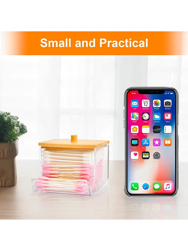 1 Household Cotton Swab Storage Tank, Acrylic Square Bamboo Cover Storage Box, Suitable For Bathroom, Bedroom, Transparent