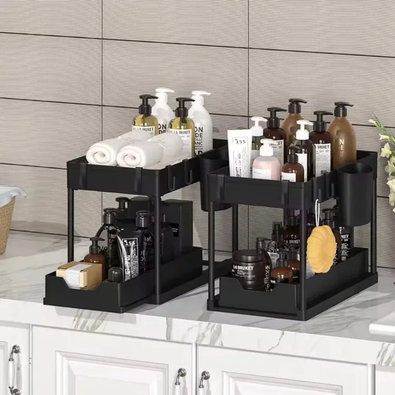 2-Tier Sliding Under Sink Organizer - Cabinet Basket Storage Rack with Hooks and Hanging Cup for Kitchen and Bathroom Use