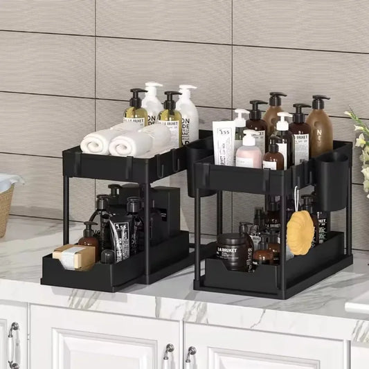 2-Tier Sliding Under Sink Organizer - Cabinet Basket Storage Rack with Hooks and Hanging Cup for Kitchen and Bathroom Use