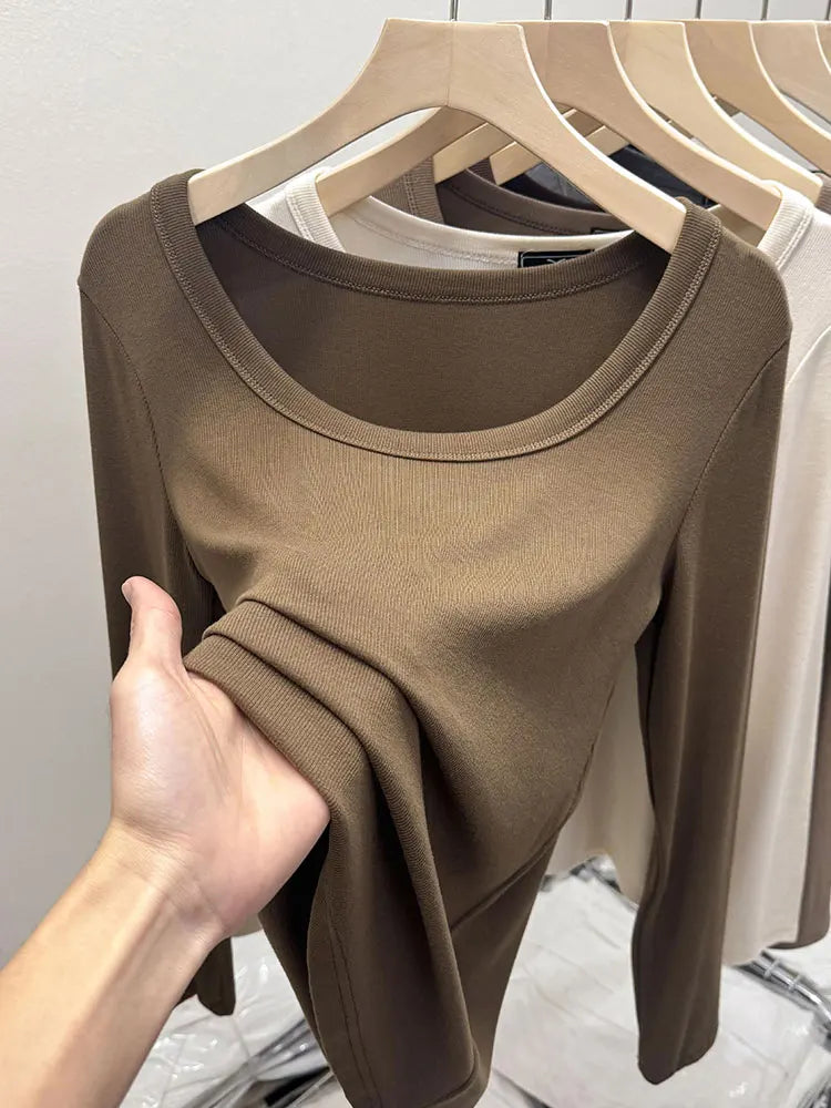 Fashionable U-Neck Long Sleeve Base Shirt Women's Slim Fit Low Collar Top T-Shirt Pure Color Commute Style Spring 2024