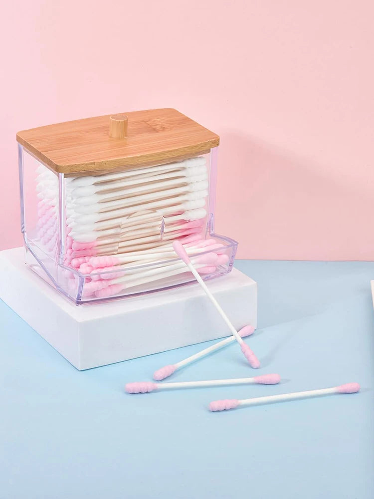 1 Household Cotton Swab Storage Tank, Acrylic Square Bamboo Cover Storage Box, Suitable For Bathroom, Bedroom, Transparent