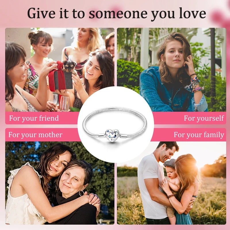 New 925 Sterling Silver Heart Shaped Zircon Snake Bone Bracelet For Women Fashion Birthday Jewelry Gift