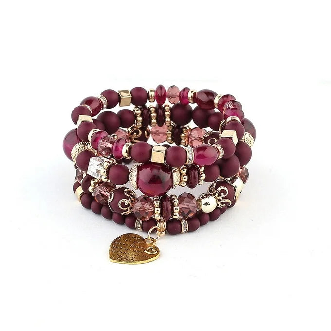 4pcs/set Boho Strand Bracelets For Women Crystal Beads Bracelets Heart Letter Elastic Bangles Wristband Yoga Jewelry Gifts K-