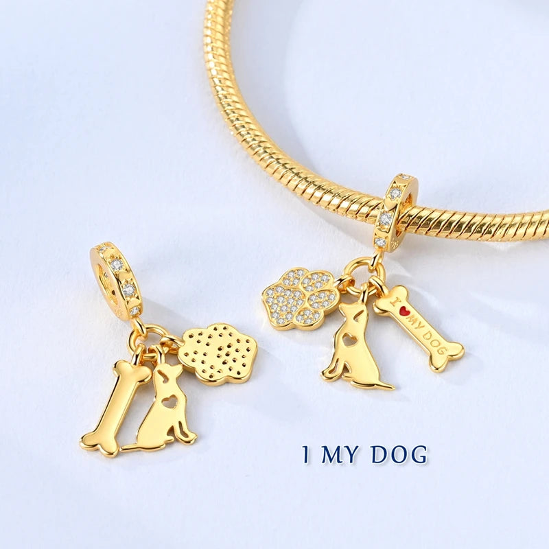 Original 925 Sterling Silver Gold Series DIY Charms Beads Inlaid Zirconium Sun Leopard Pendants Fit Bracelet DIY Jewelry Making